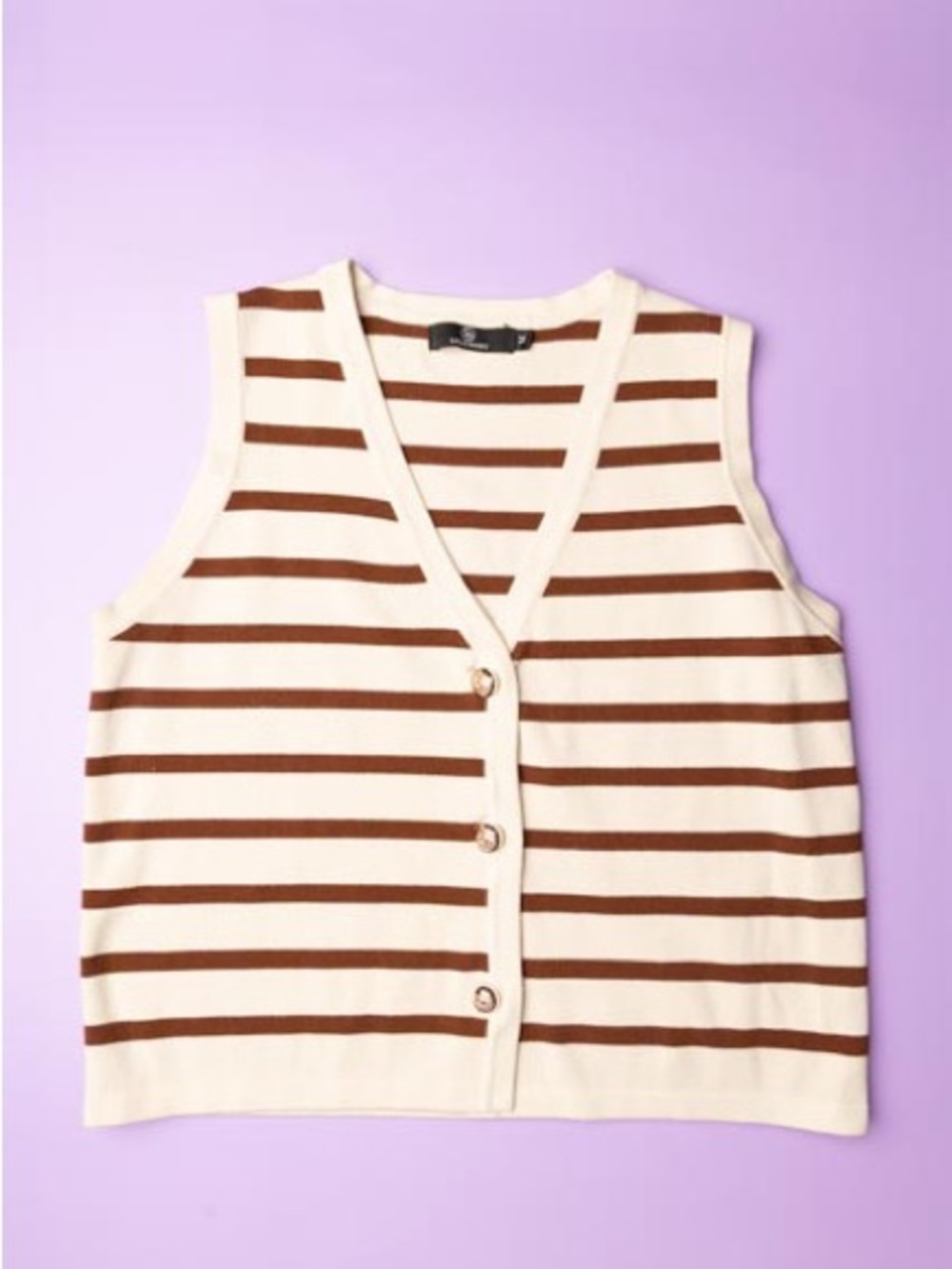 Striped Sleeveless Button-Down Vest in Cream and Brown
